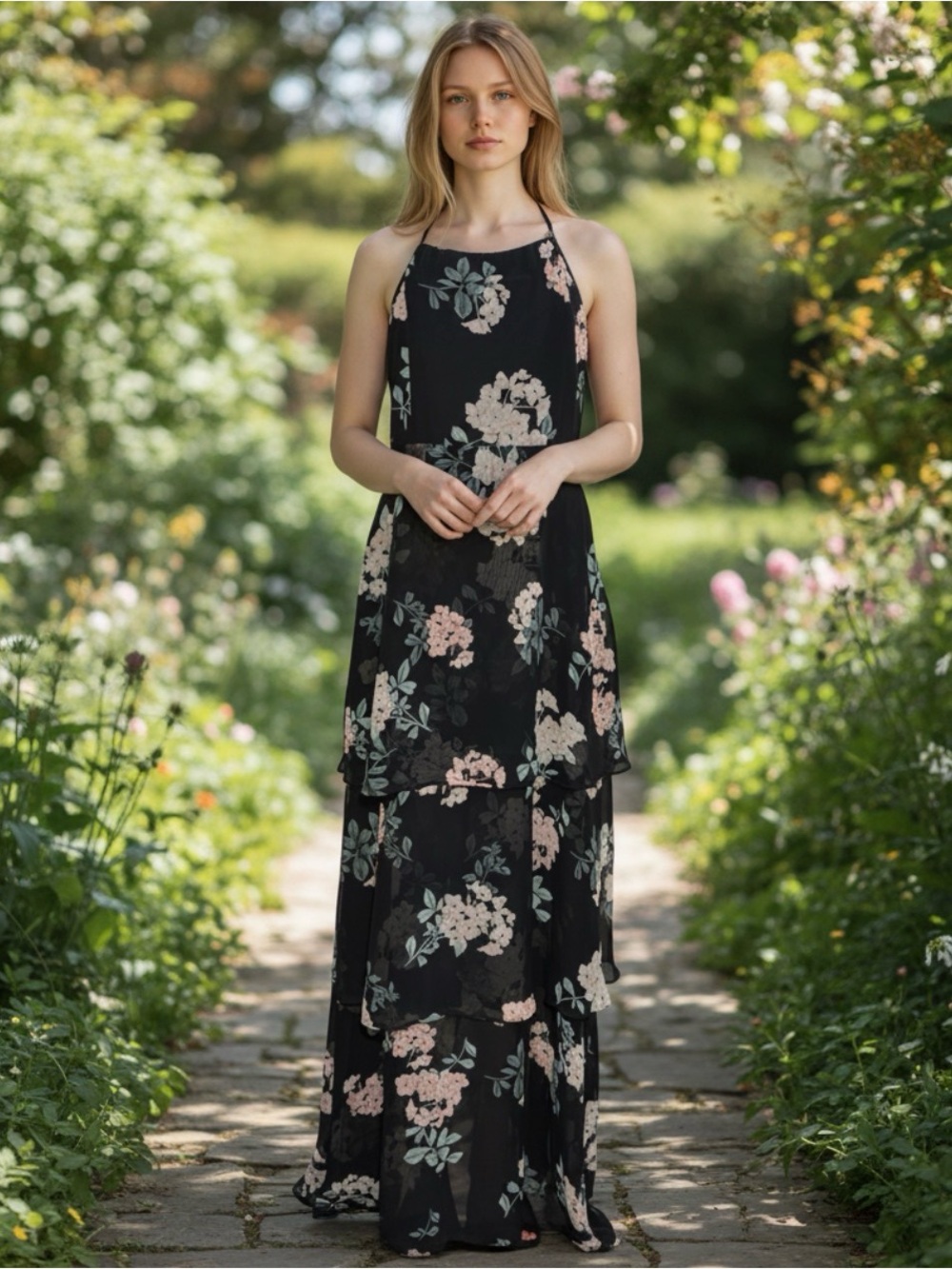 Show Me Your MuMu Black Floral Tiered Halter Maxi Dress